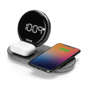 iHome - Dual Qi Wireless Fast Charging, Airpod Charging, Apple Watch Charging, and USB Charging Alarm Clock - Multi